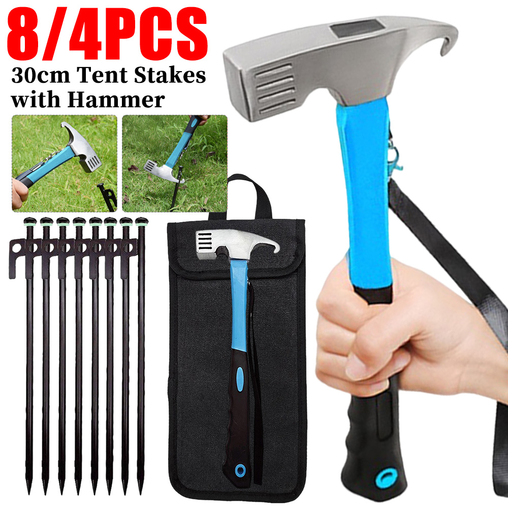 Outdoor Power Stake - 8/4個入り キャンプテント用杭とハンマーセット ペグ 地釘 30cm 頑丈