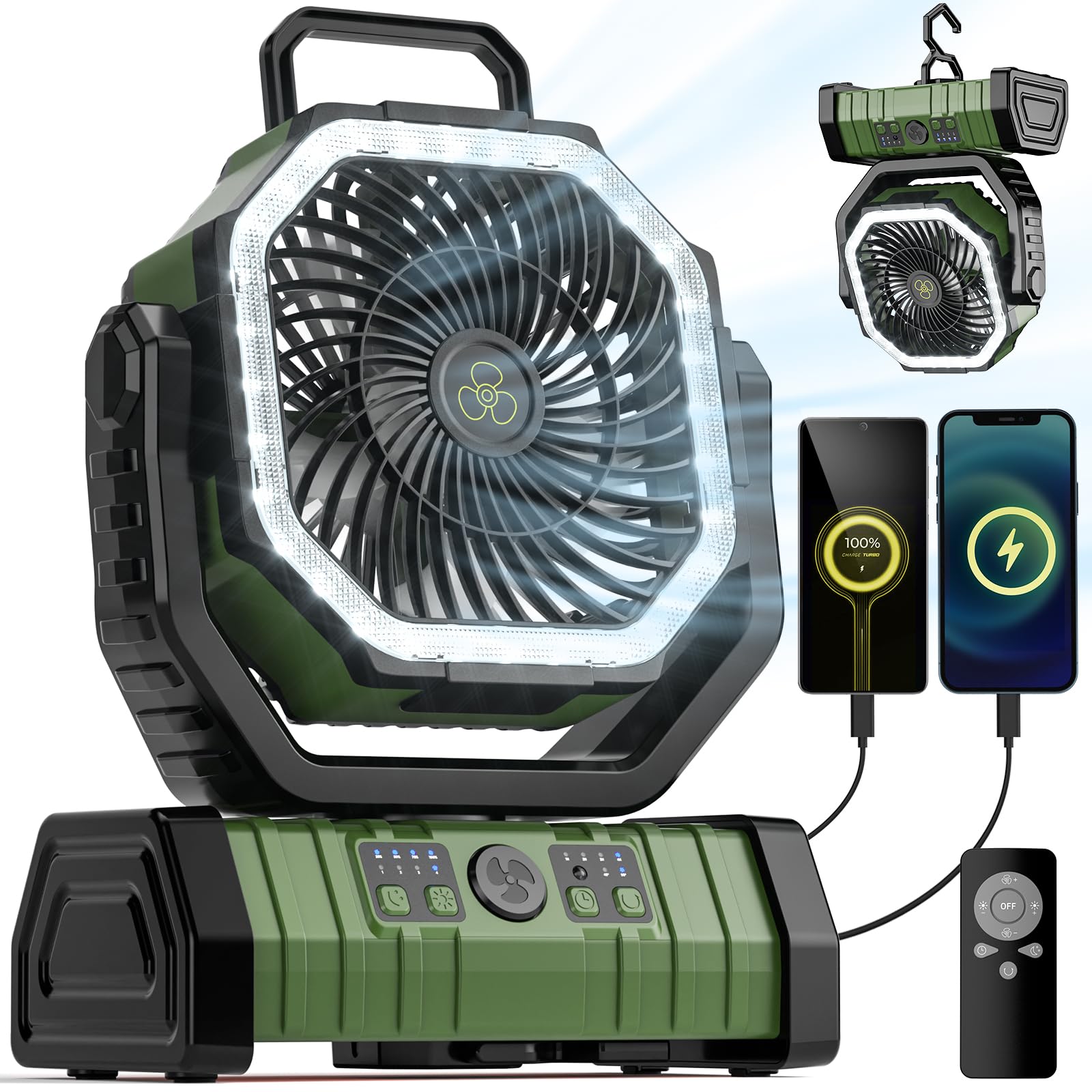 Outdoor Power With Timer - キャンプファン 20000mAh バッテリー駆動ファン 充電式 LED ライト付き