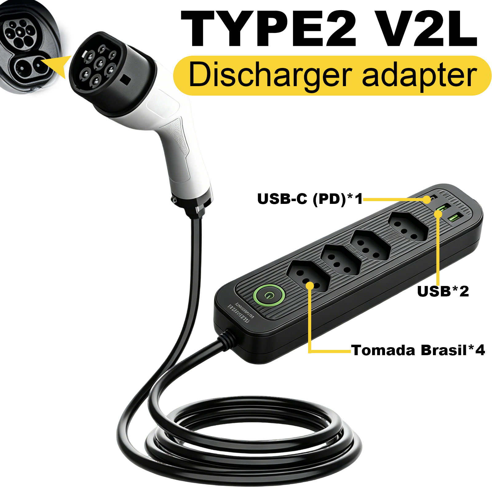 Outdoor Power Adapter - タイプ2 V2L放電アダプター 16A ブラジルソケット EVから屋外電源ステーションへ BYD