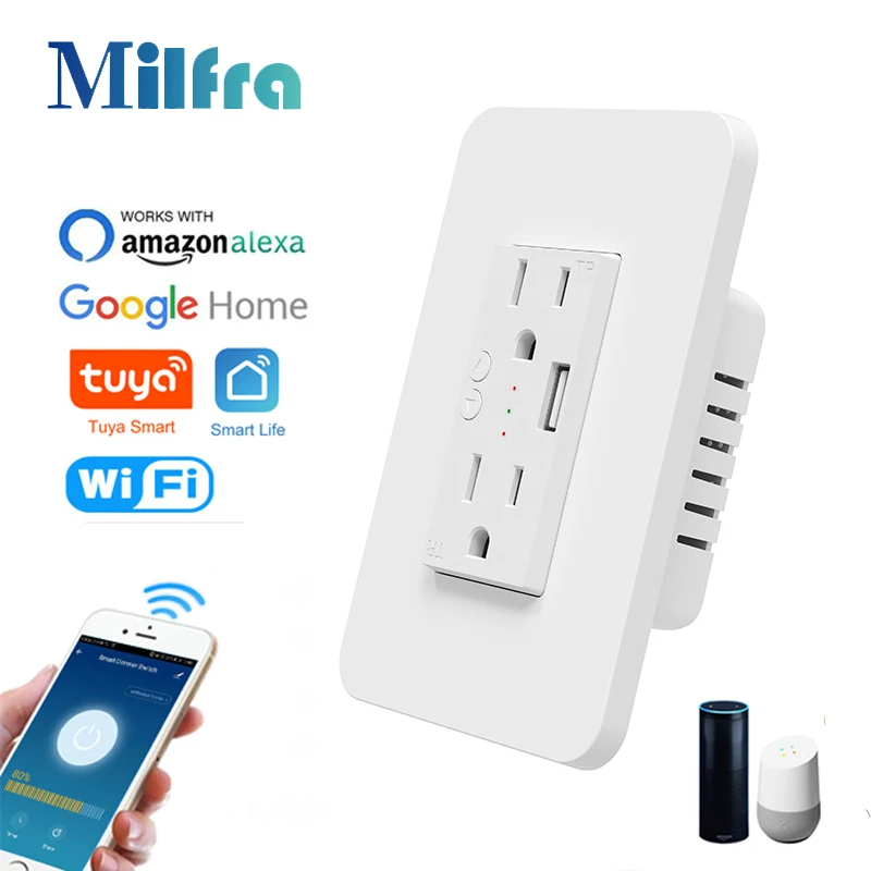 Outdoor Power Outlet - スマートwifiダブルウォールソケット,USB充電ポート,EUプラグ,US電源コンセント,オン/オフ,Tuyaスマートライフアプリ,音声リモコン