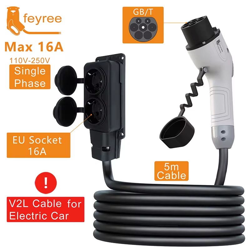 Outdoor Power Plug In - Feyree V2Lケーブル放電プラグEV充電器GBTソケット16A充電ケーブル5m EUアダプター付き屋外電源ステーション電気自動車用