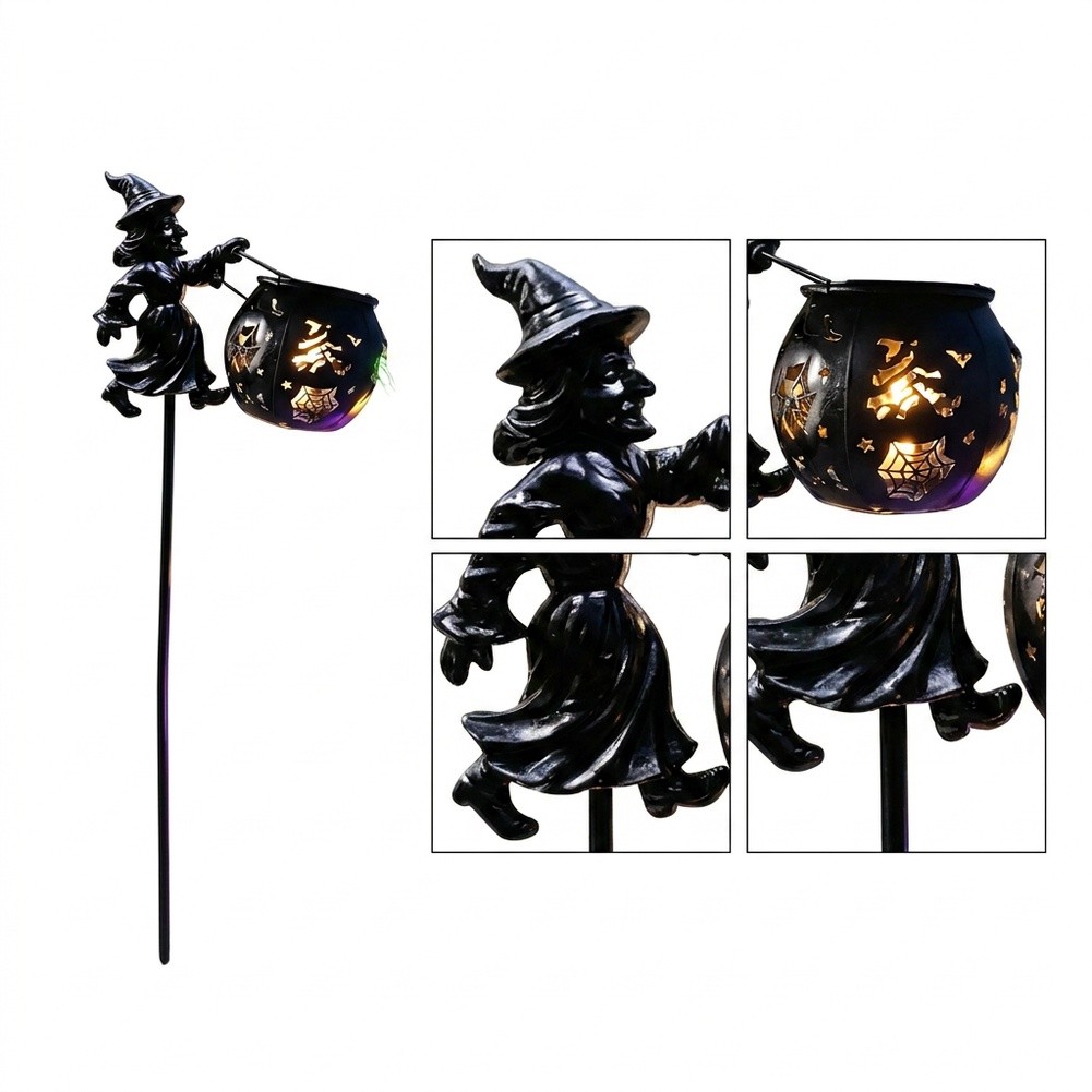 太陽光発電式魔女の鍋型ガーデンライト、黒鉄製、不気味な庭の装 - Outdoor Power Stake のレビューと価格