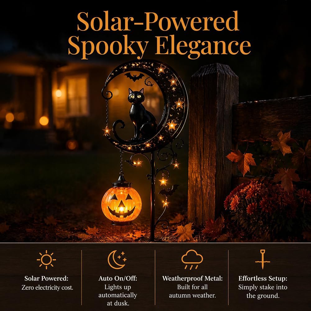 ソーラーハロウィン黒猫＆パンプキンムーンガーデンステークライ - Outdoor Power Stake のレビューと価格