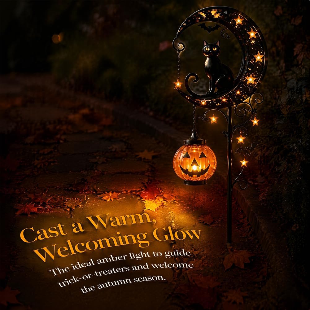 ソーラーハロウィン黒猫＆パンプキンムーンガーデンステークライ - Outdoor Power Stake のレビューと価格